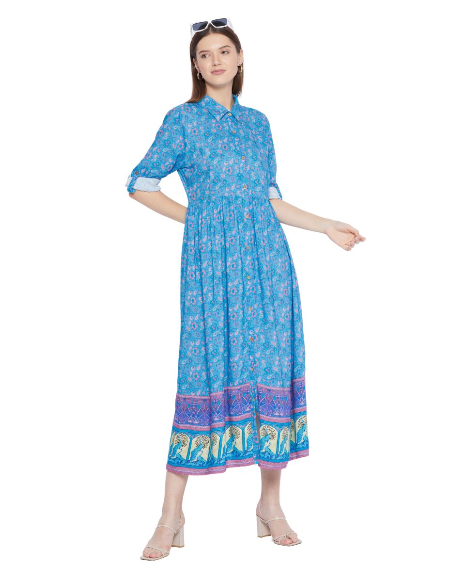 Blue Floral Pattern Long Flared Gown Dress For Women