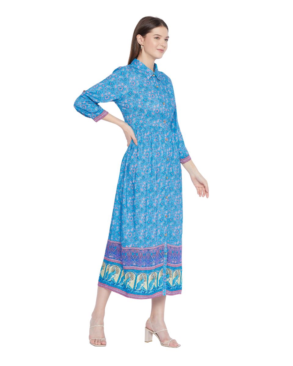 Blue Floral Pattern Long Flared Gown Dress For Women