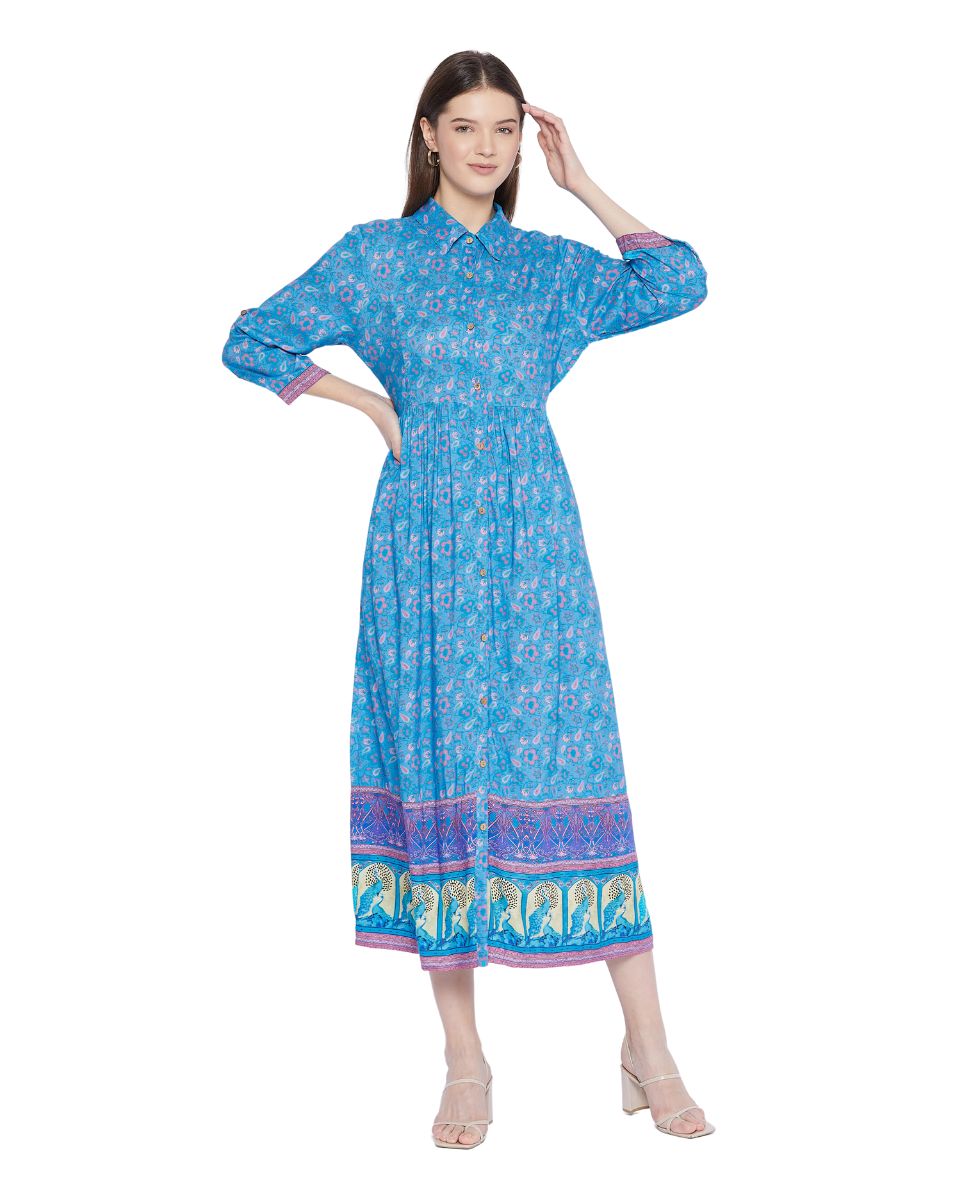 Blue Floral Pattern Long Flared Gown Dress For Women