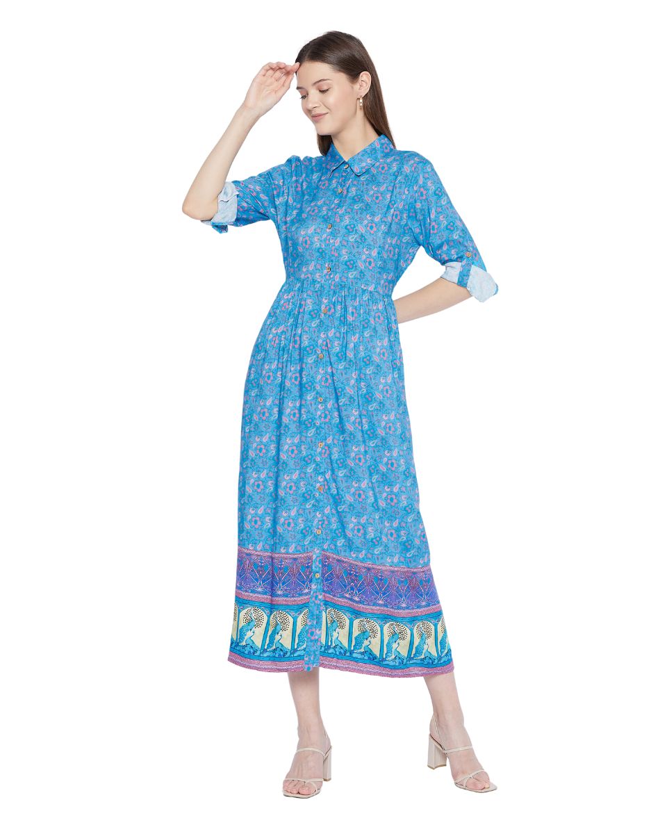 Blue Floral Pattern Long Flared Gown Dress For Women