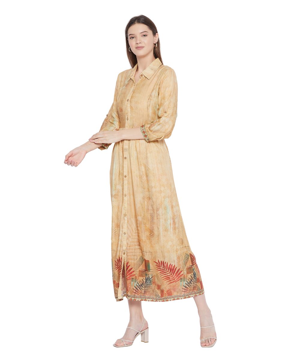 Beige Leaf Printed Long Flared Gown Dress For Women