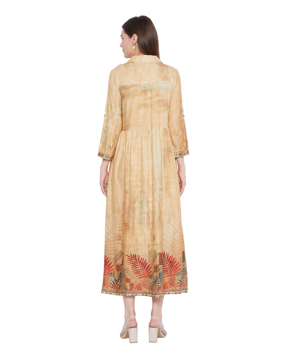 Beige Leaf Printed Long Flared Gown Dress For Women