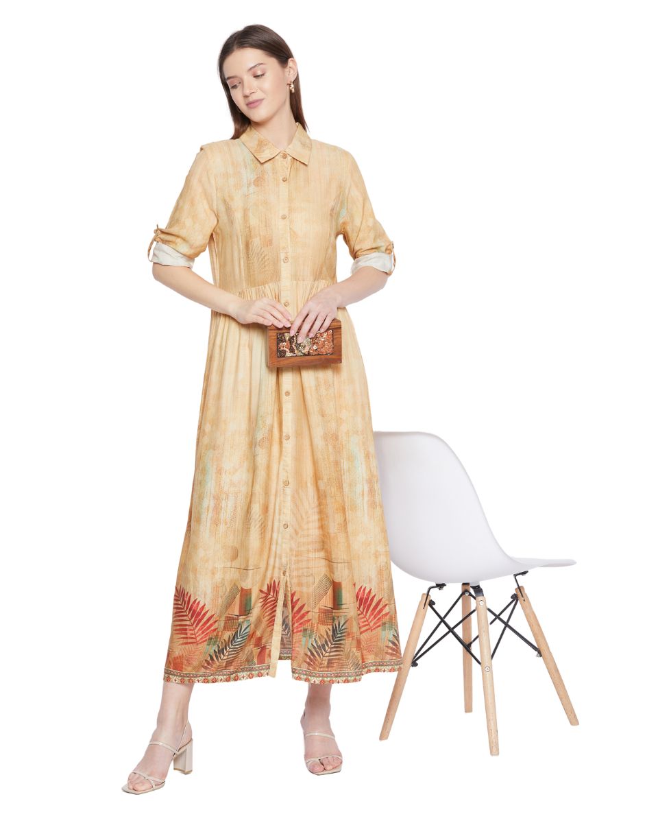 Beige Leaf Printed Long Flared Gown Dress For Women