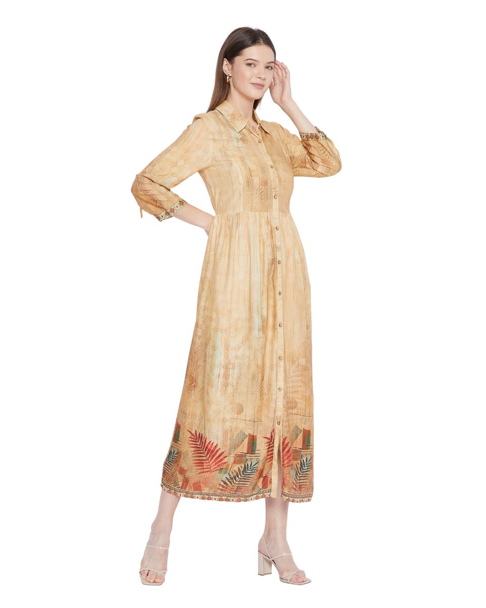 Beige Leaf Printed Long Flared Gown Dress For Women