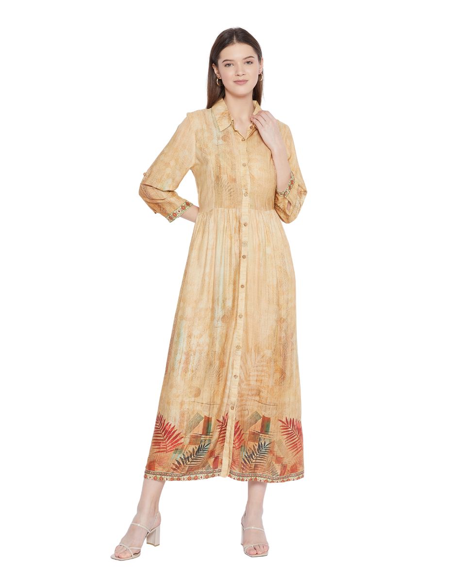 Beige Leaf Printed Long Flared Gown Dress For Women