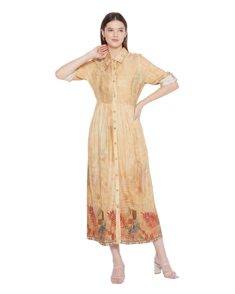 Beige Leaf Printed Long Flared Gown Dress For Women