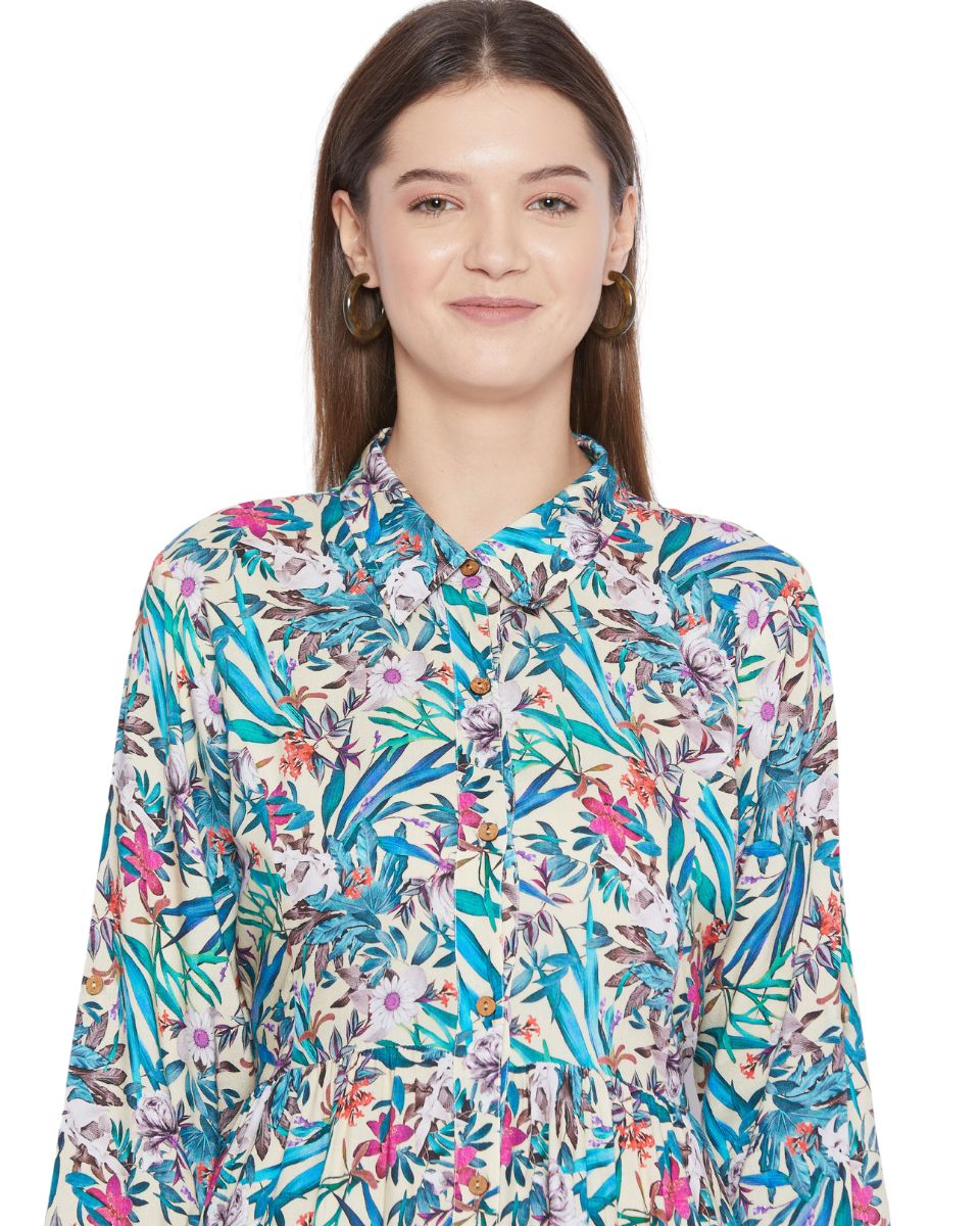 Multicolor Floral Pattern Long Sleeve Dress For Women