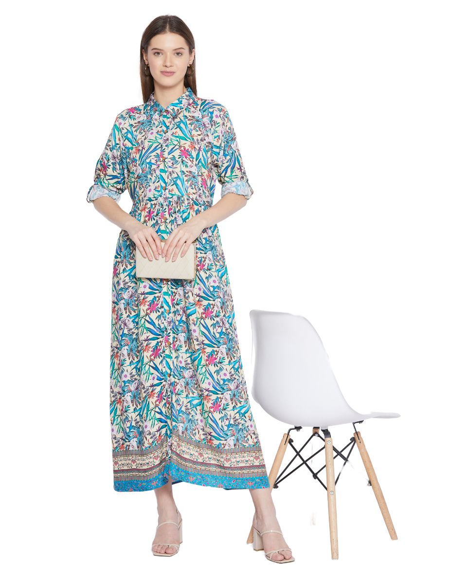 Multicolor Floral Pattern Long Sleeve Dress For Women