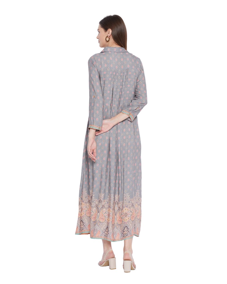 Gray Floral Pattern Long Sleeve Button Dress For Women