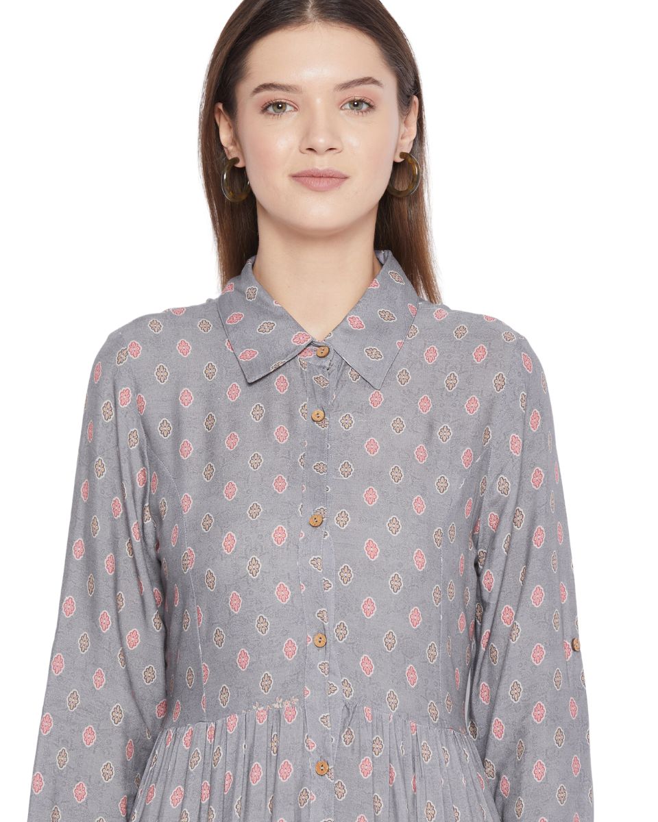 Gray Floral Pattern Long Sleeve Button Dress For Women