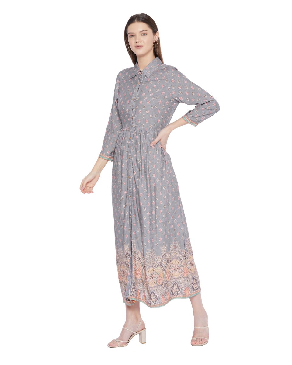 Gray Floral Pattern Long Sleeve Button Dress For Women