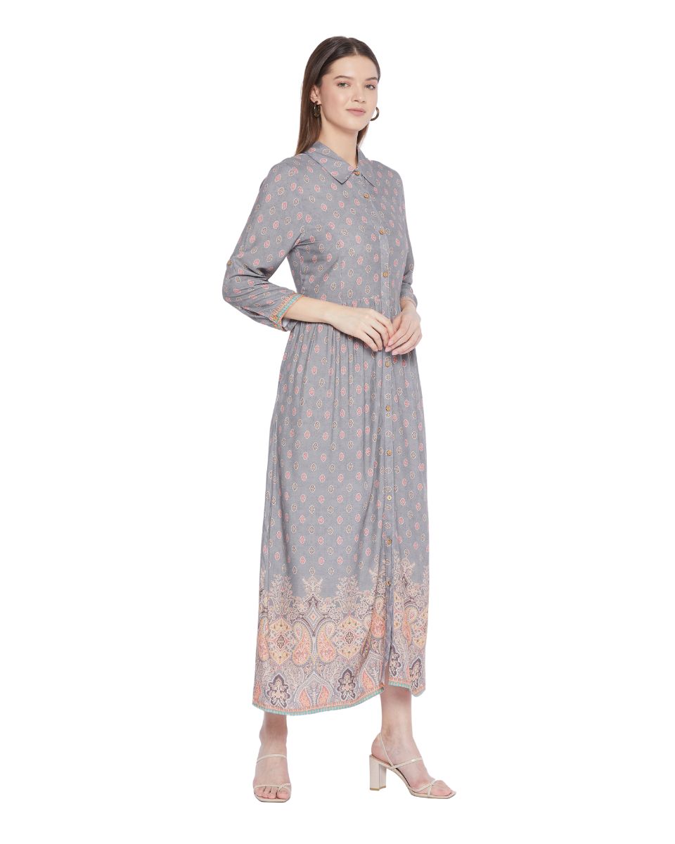 Gray Floral Pattern Long Sleeve Button Dress For Women