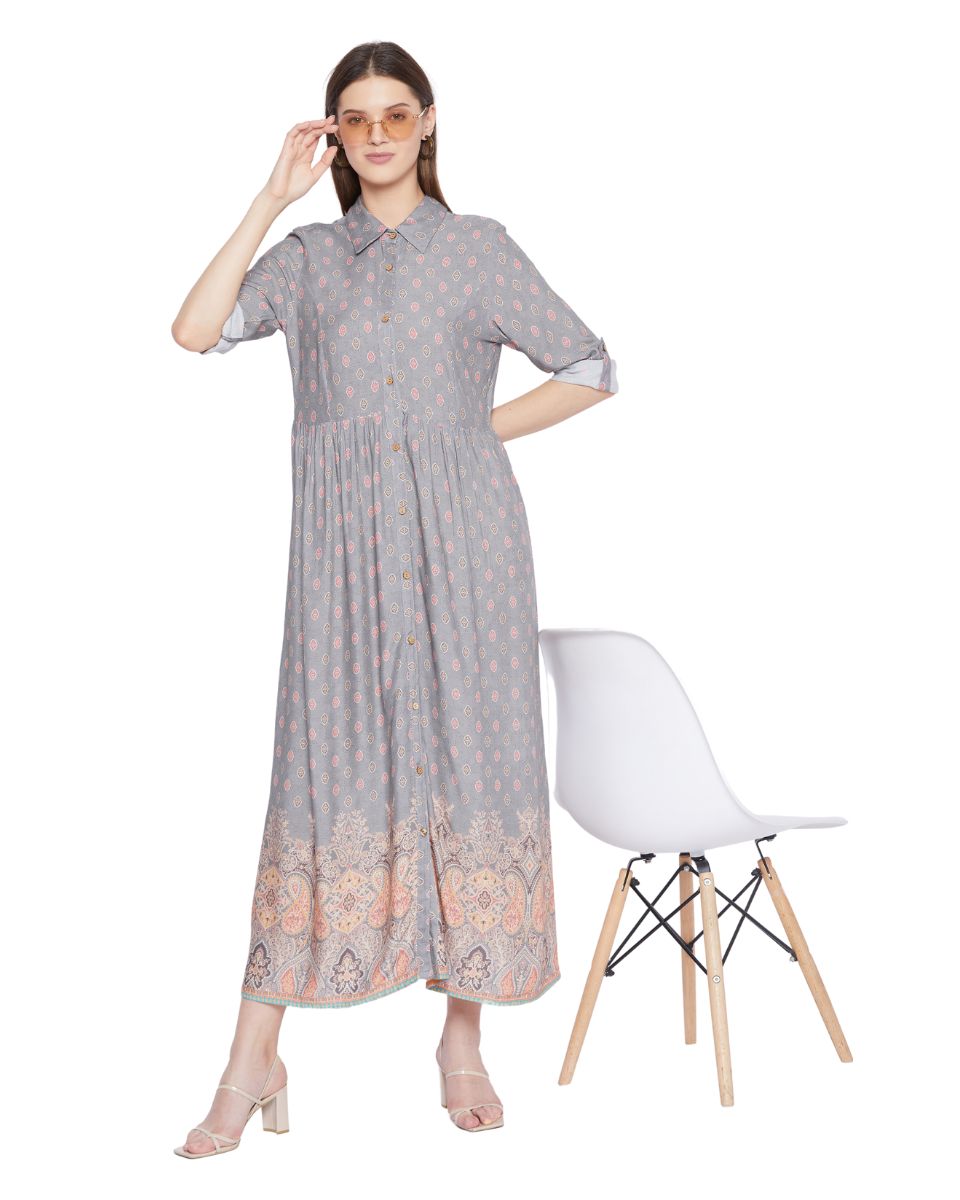 Gray Floral Pattern Long Sleeve Button Dress For Women