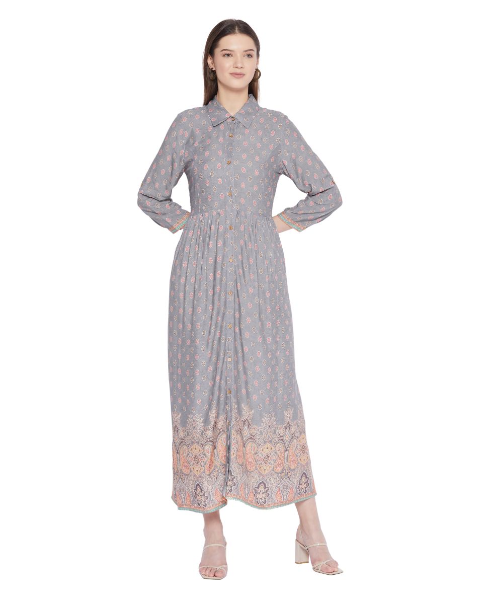 Gray Floral Pattern Long Sleeve Button Dress For Women