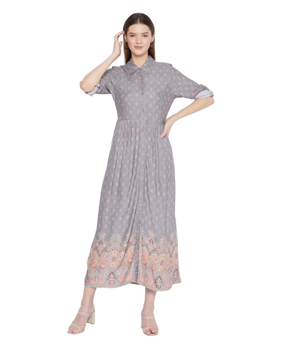 Gray Floral Pattern Long Sleeve Button Dress For Women