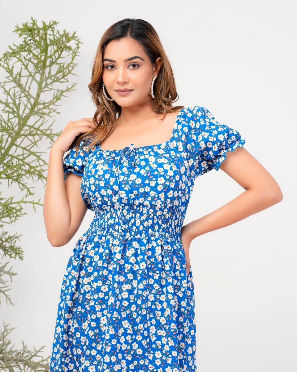 Azure Blue Floral Casual Midi Dress For Women