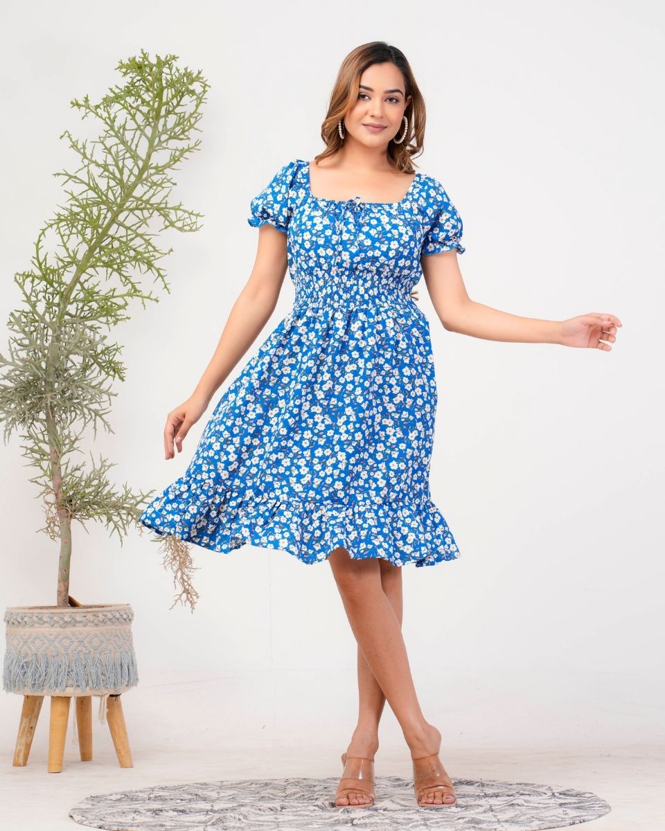 Azure Blue Floral Casual Midi Dress For Women