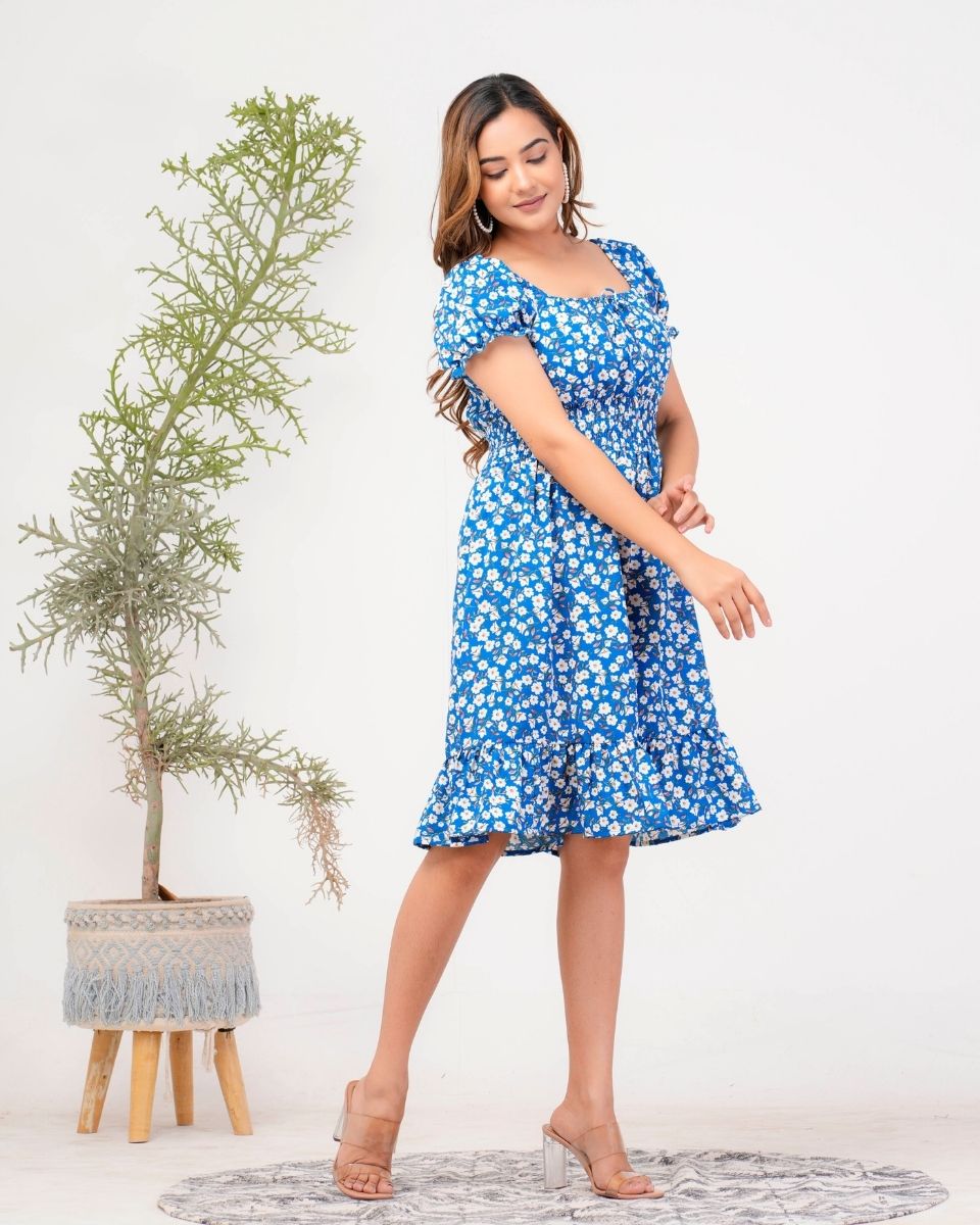 Azure Blue Floral Casual Midi Dress For Women