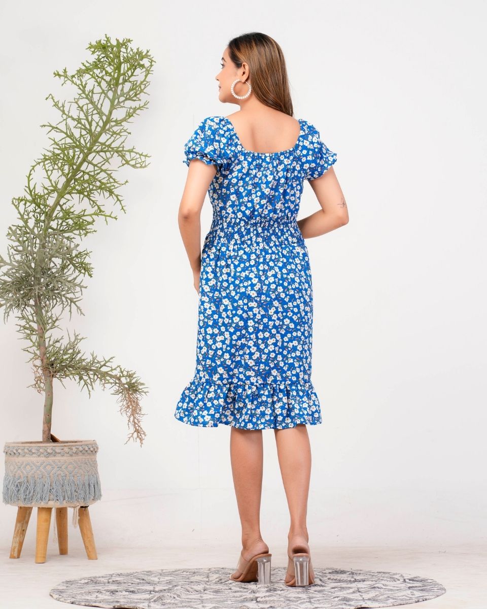 Azure Blue Floral Casual Midi Dress For Women