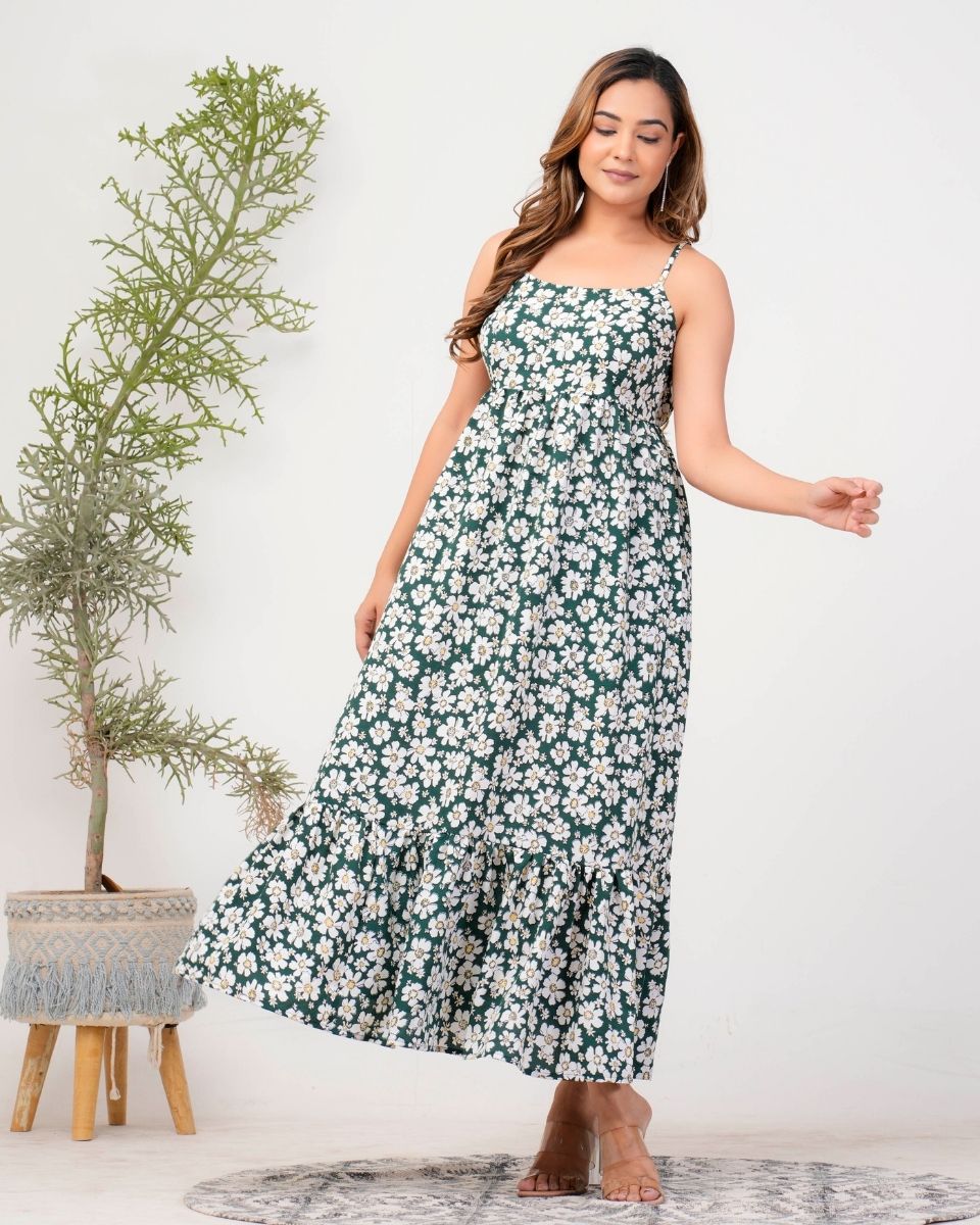 Pine Green Floral Printed Poly Crepe Maxi Dress For Women