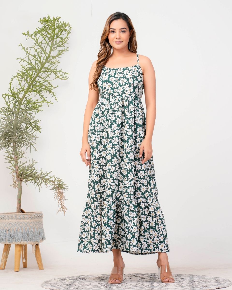 Pine Green Floral Printed Poly Crepe Maxi Dress For Women