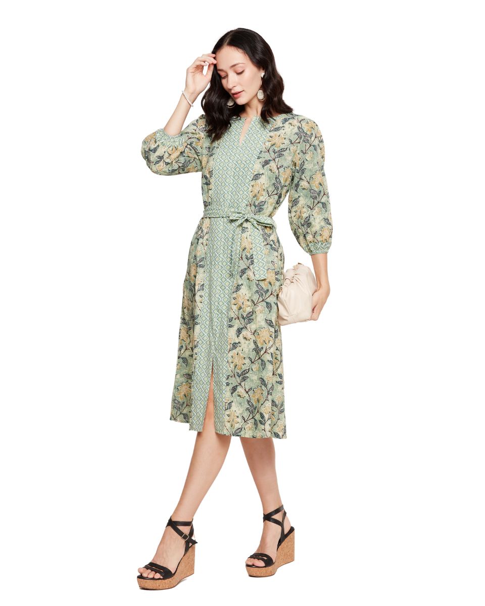 Moss Green Cotton A line Midi Dress For Women