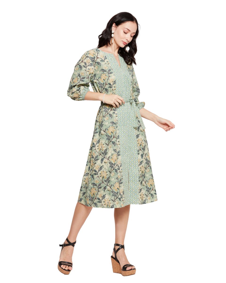 Moss Green Cotton A line Midi Dress For Women