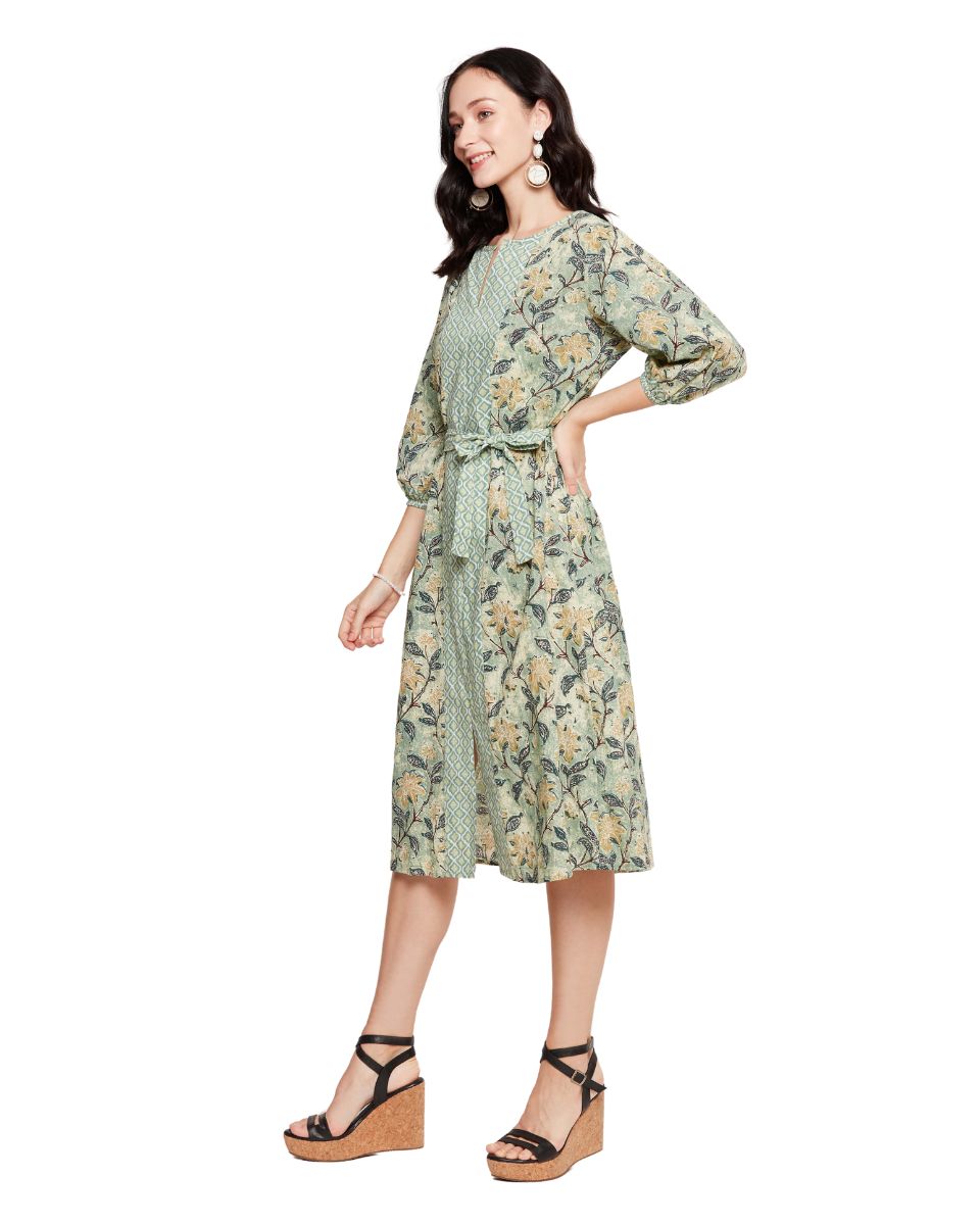 Moss Green Cotton A line Midi Dress For Women