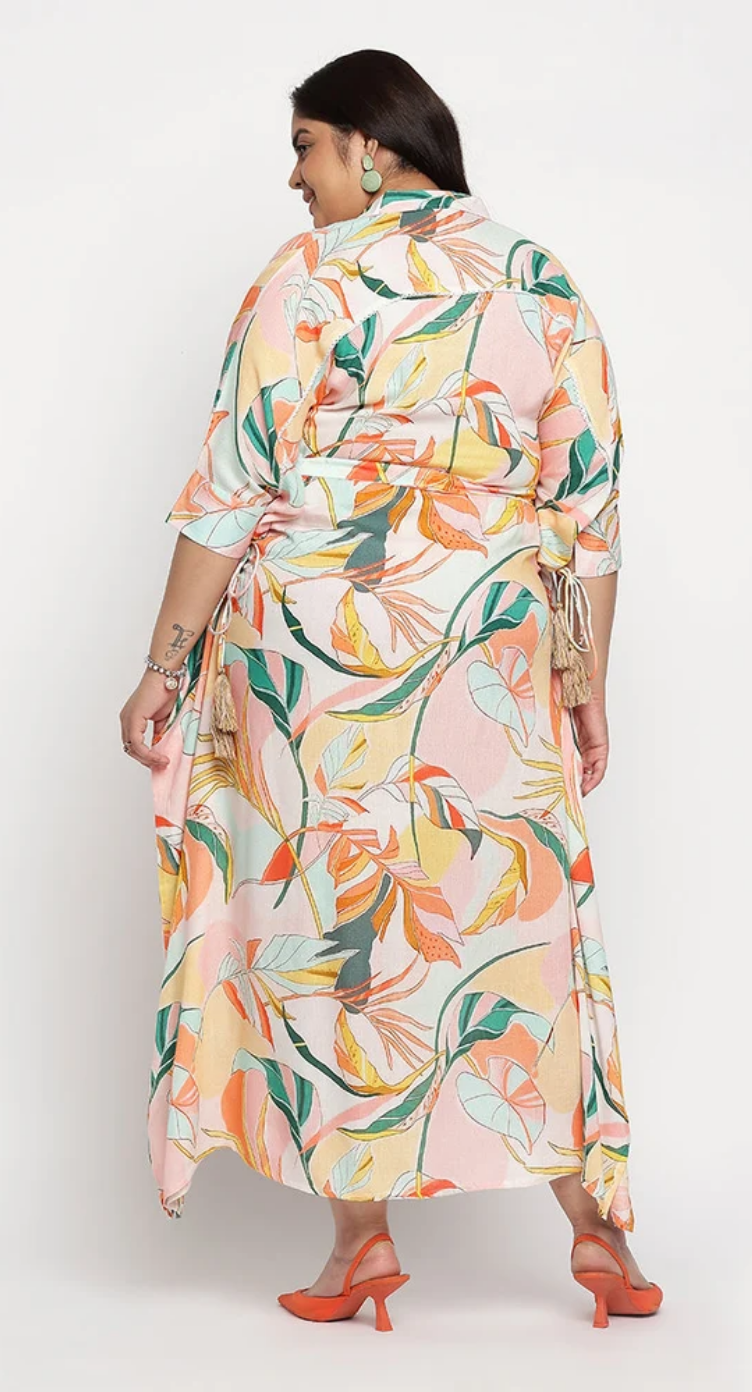 GypsieBlu Multicolor Rayon Plus Size Kaftan for Women Collared Button-Front S-1X - Tropical Leaf Botanical Print