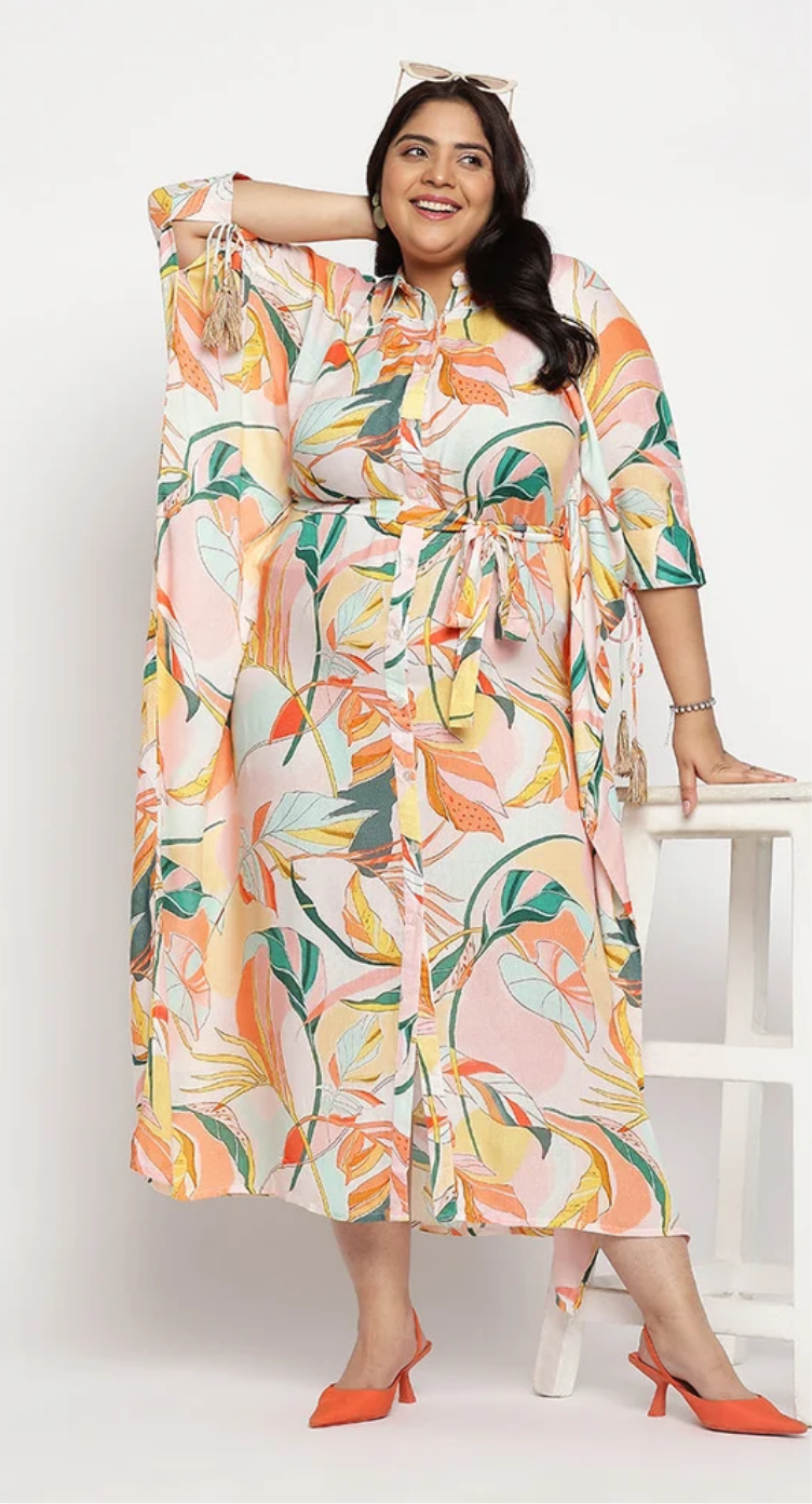 GypsieBlu Multicolor Rayon Plus Size Kaftan for Women Collared Button-Front S-1X - Tropical Leaf Botanical Print