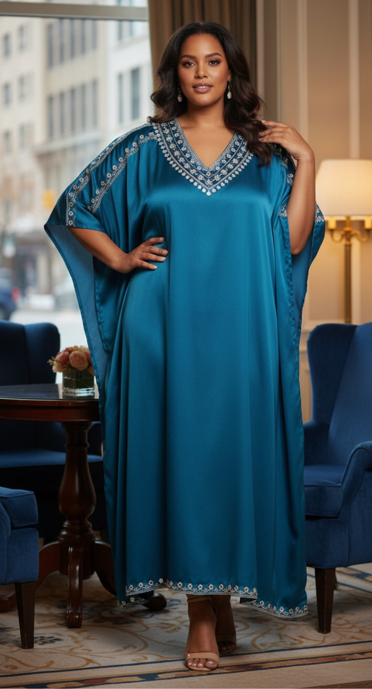 Solid Embroidery Satin Women Plus Size kaftan Dress Fits 1X to 3X