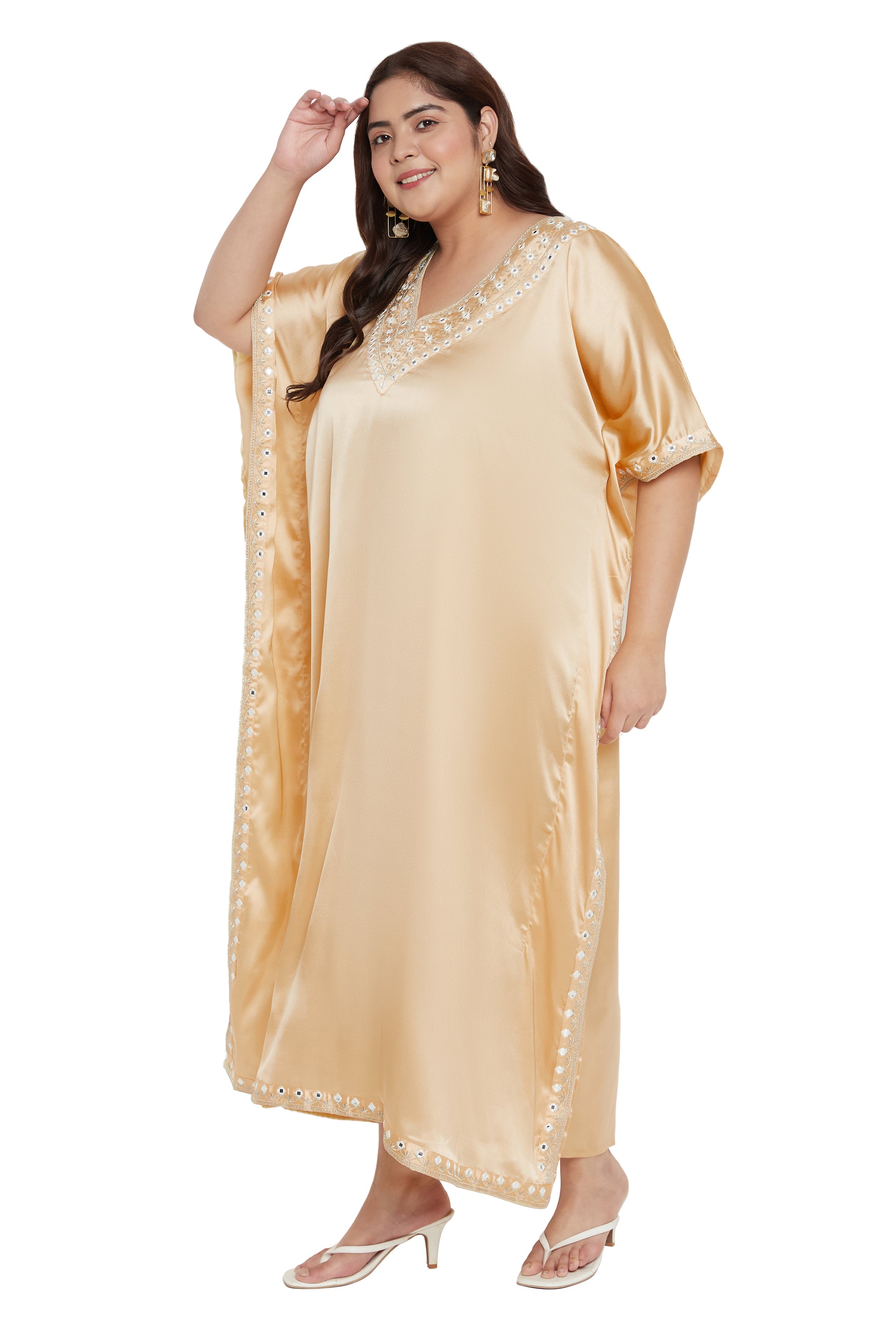 Solid Embroidery Apricot Tan Satin Kaftan For Plus Size Women