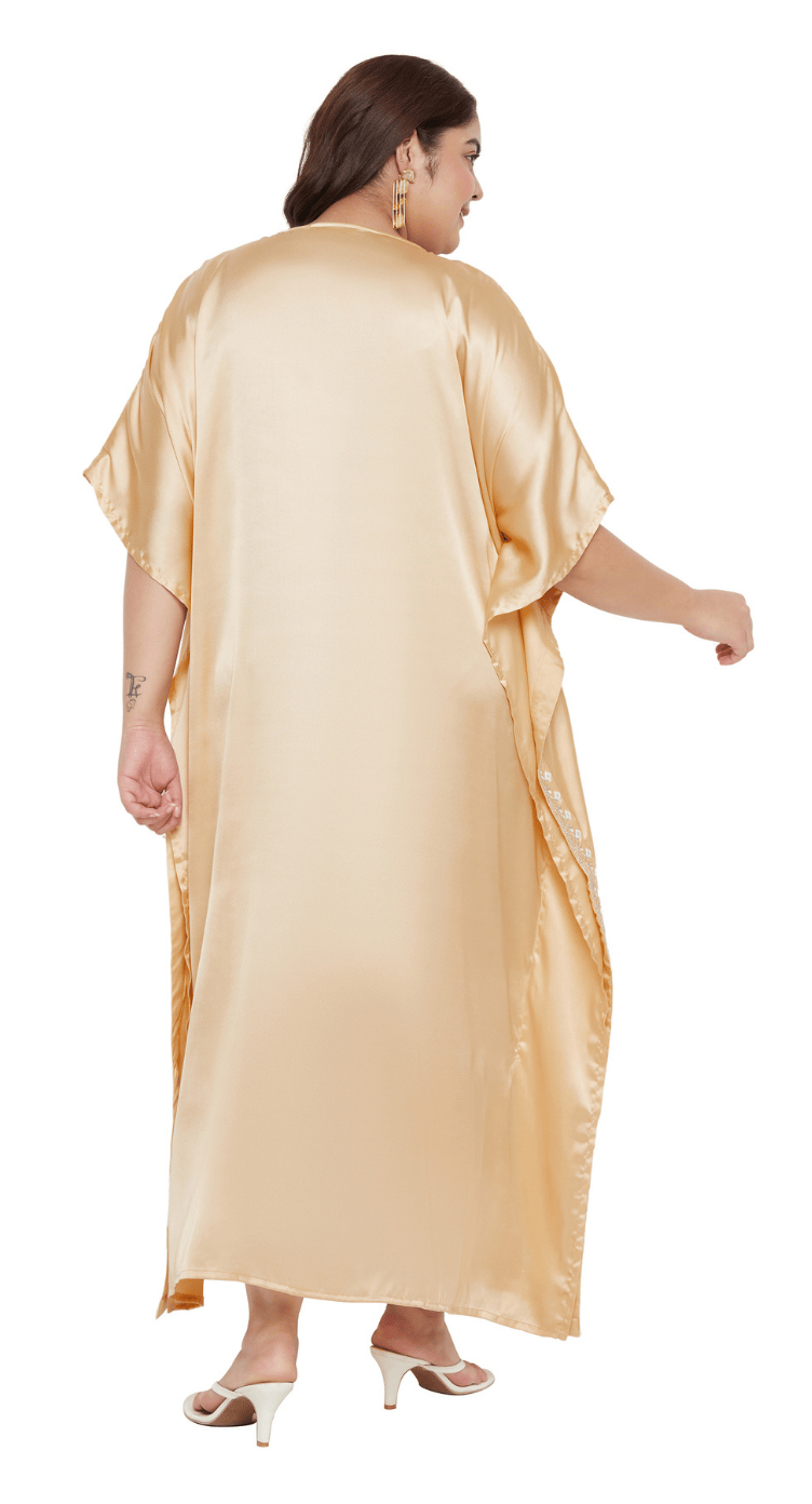 Apricot Tan Embroidered Satin Plus Size Kaftan Dress for Women 1X-3X | GypsieBlu