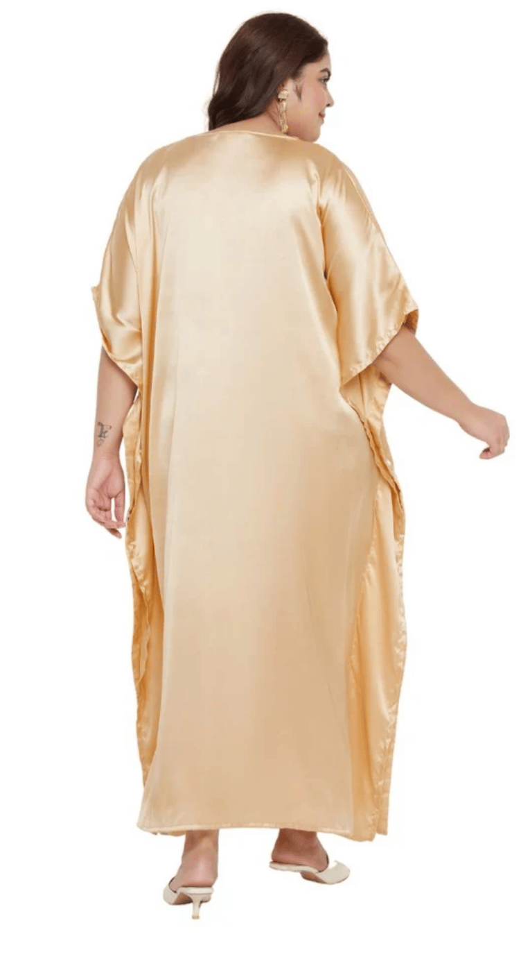 Beige Embroidered Satin Plus Size Kaftan Dress for Women 1X-3X V Neck | GypsieBlu