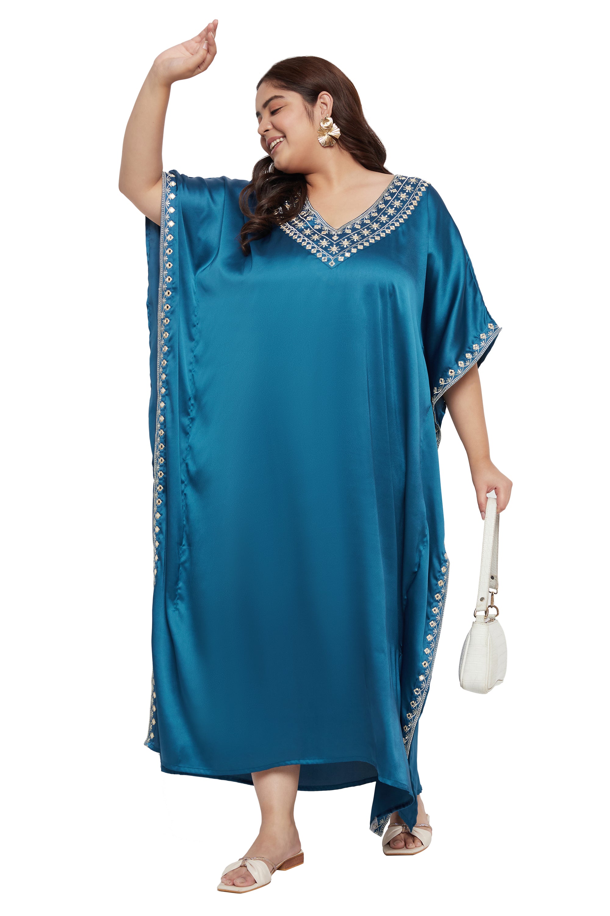 Solid Embroidery Lace Corsair Blue Satin For Plus Size Women Kaftan