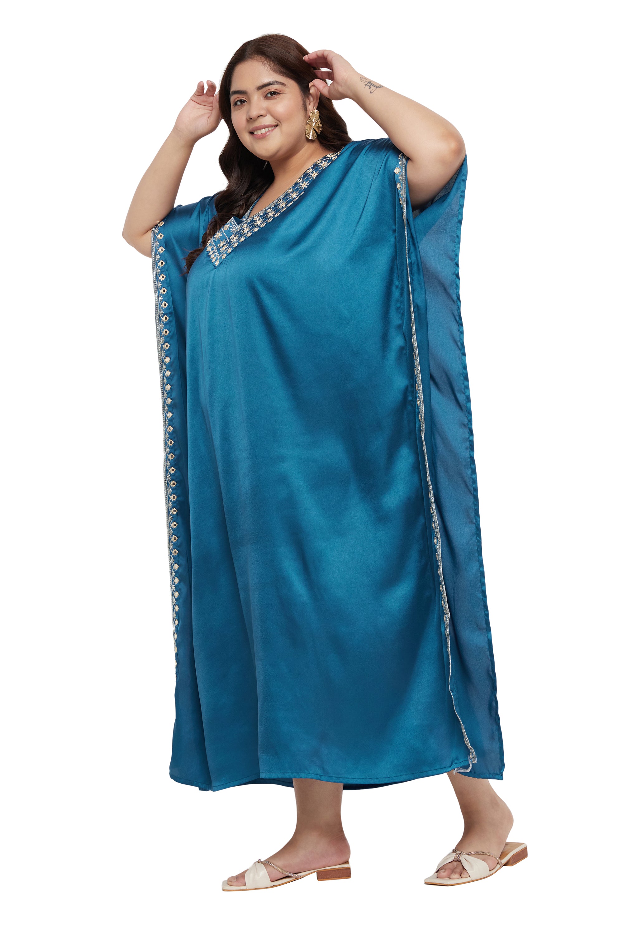 Solid Embroidery Lace Corsair Blue Satin For Plus Size Women Kaftan