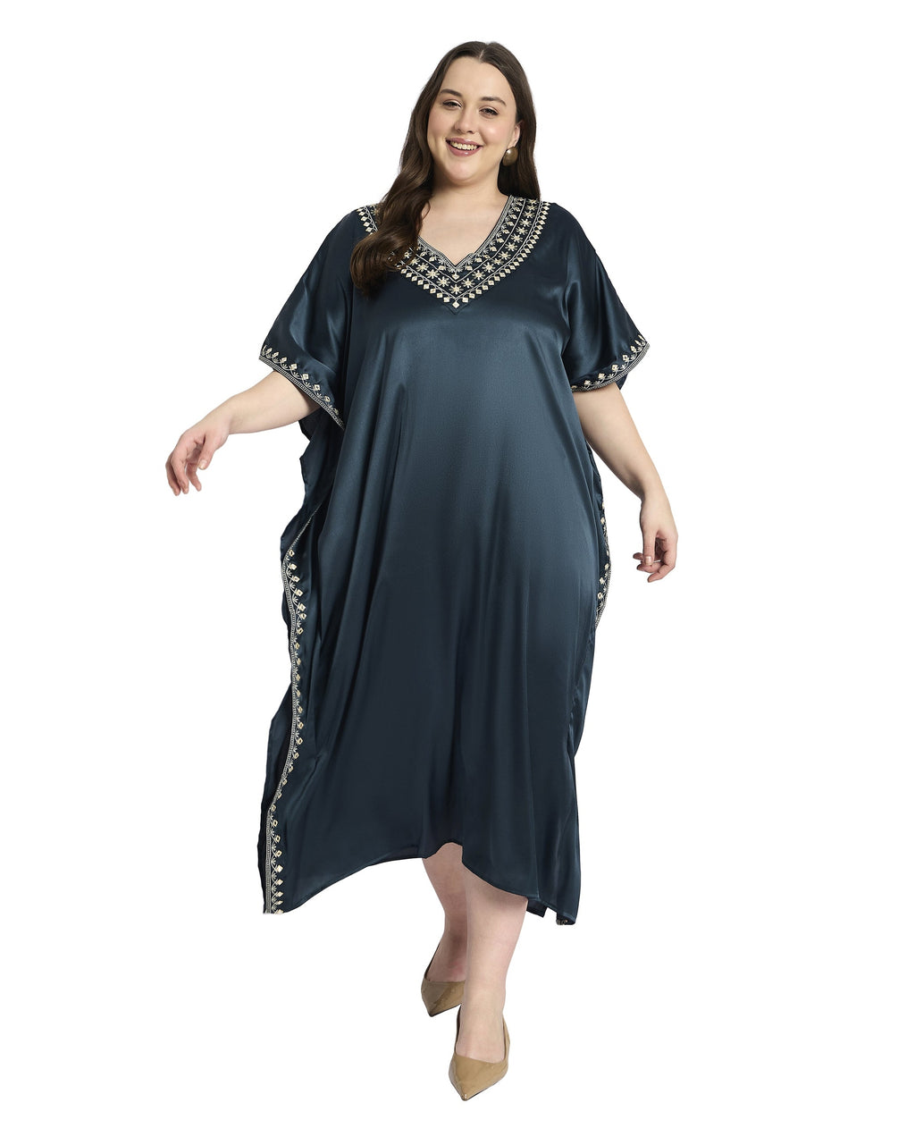 Shop Corsair Blue Satin Kaftan Dress with Elegant Embroidery