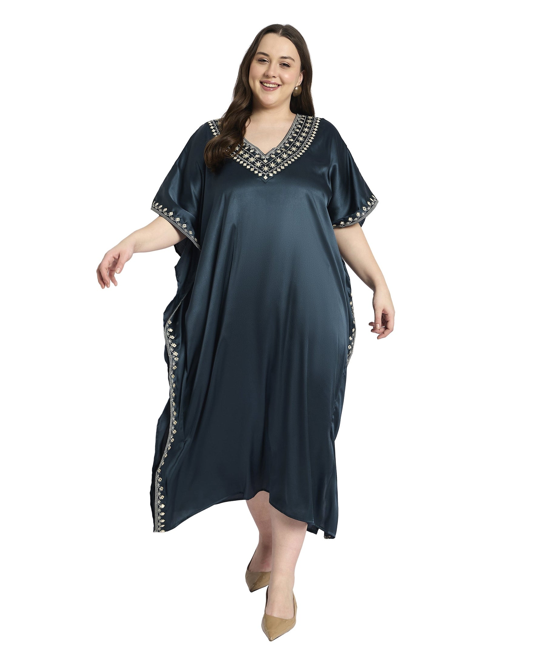 Dark Grey Embroidered Satin Plus Size Kaftan Wedding Dress Outfit