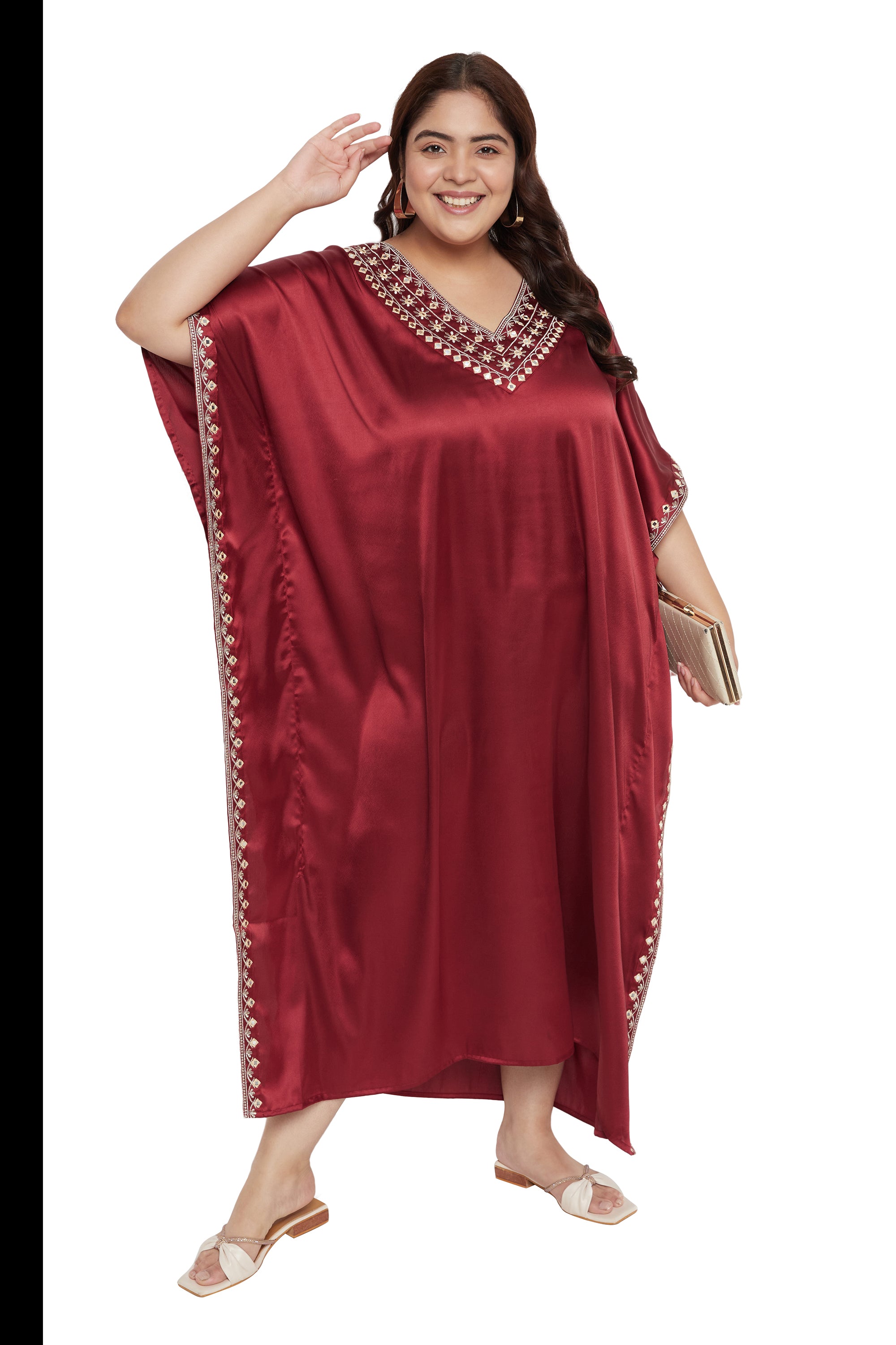 Jester Red Satin Caftan Dress For Plus Size Women With Embroidery