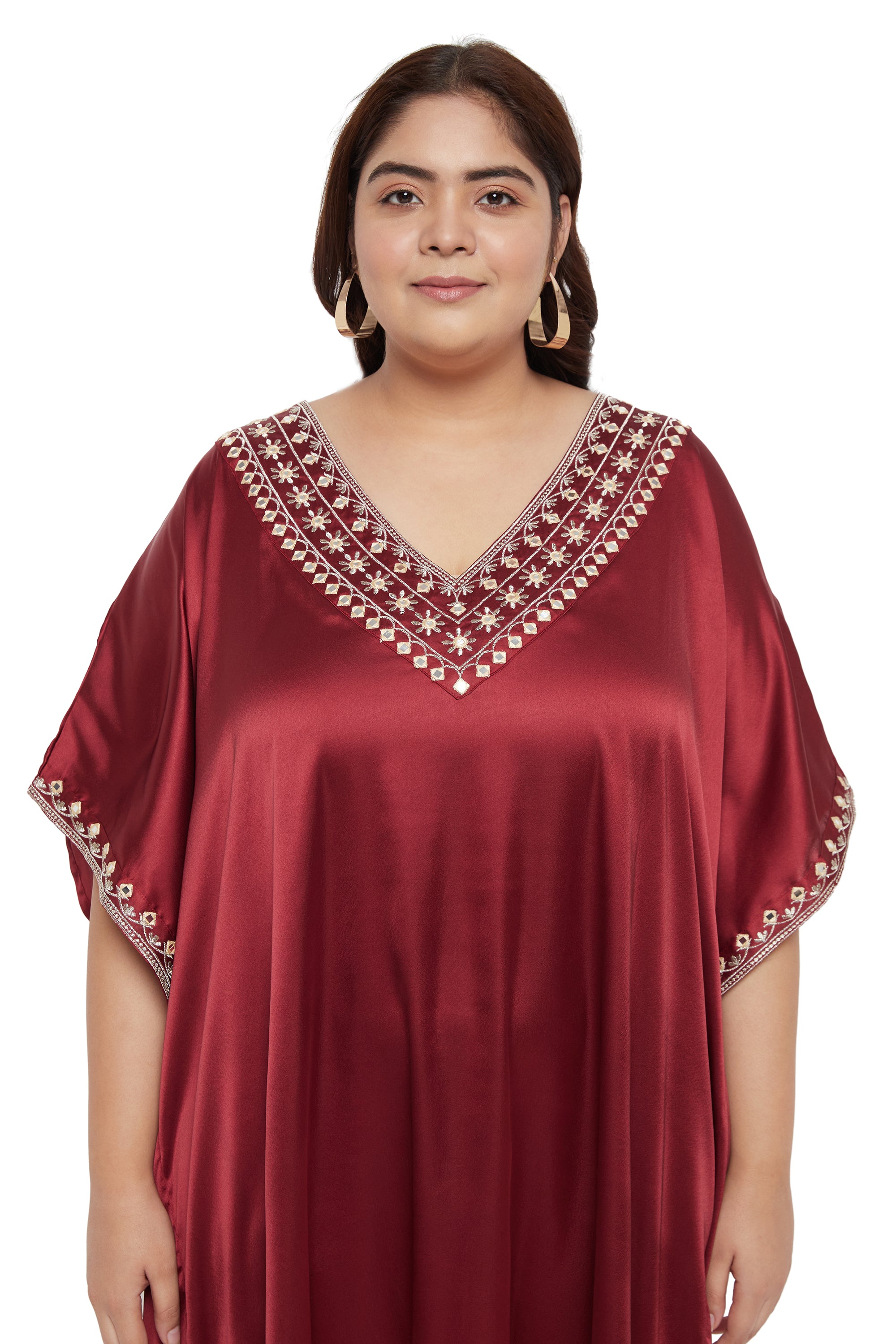 Jester Red Satin Caftan Dress For Plus Size Women With Embroidery