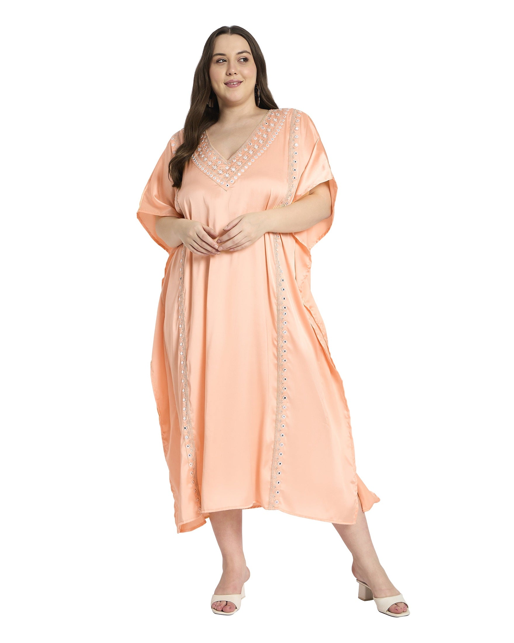 Women Plus Size Embroidered Satin Kaftan Dress
