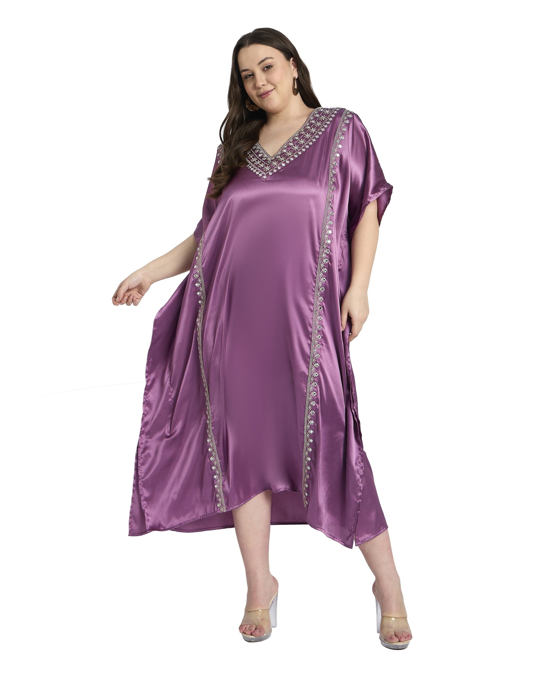 Women Plus Size Satin Silky Embroidery Kaftan