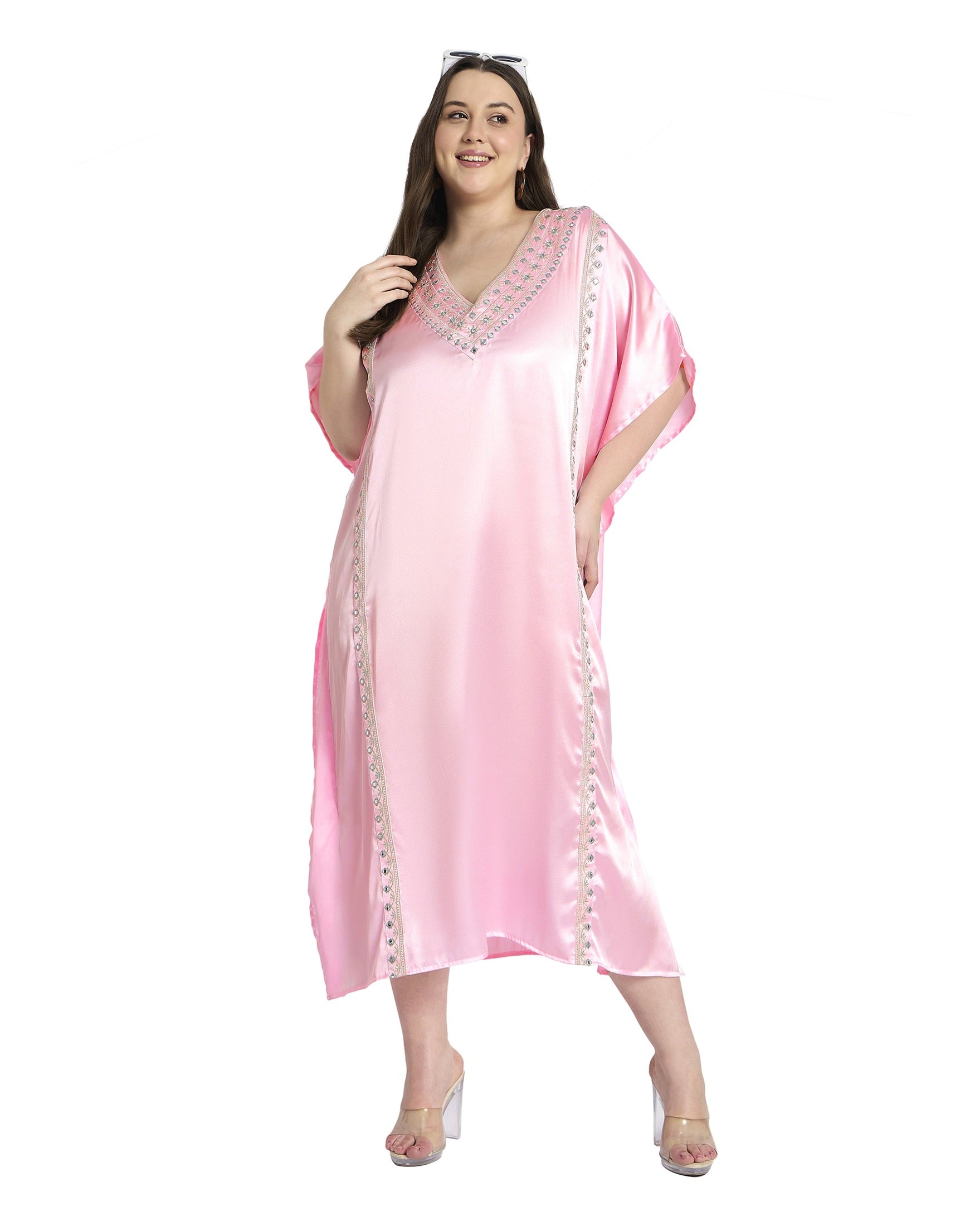 Light Pink Plus Size Satin Embroidery Caftan Dress