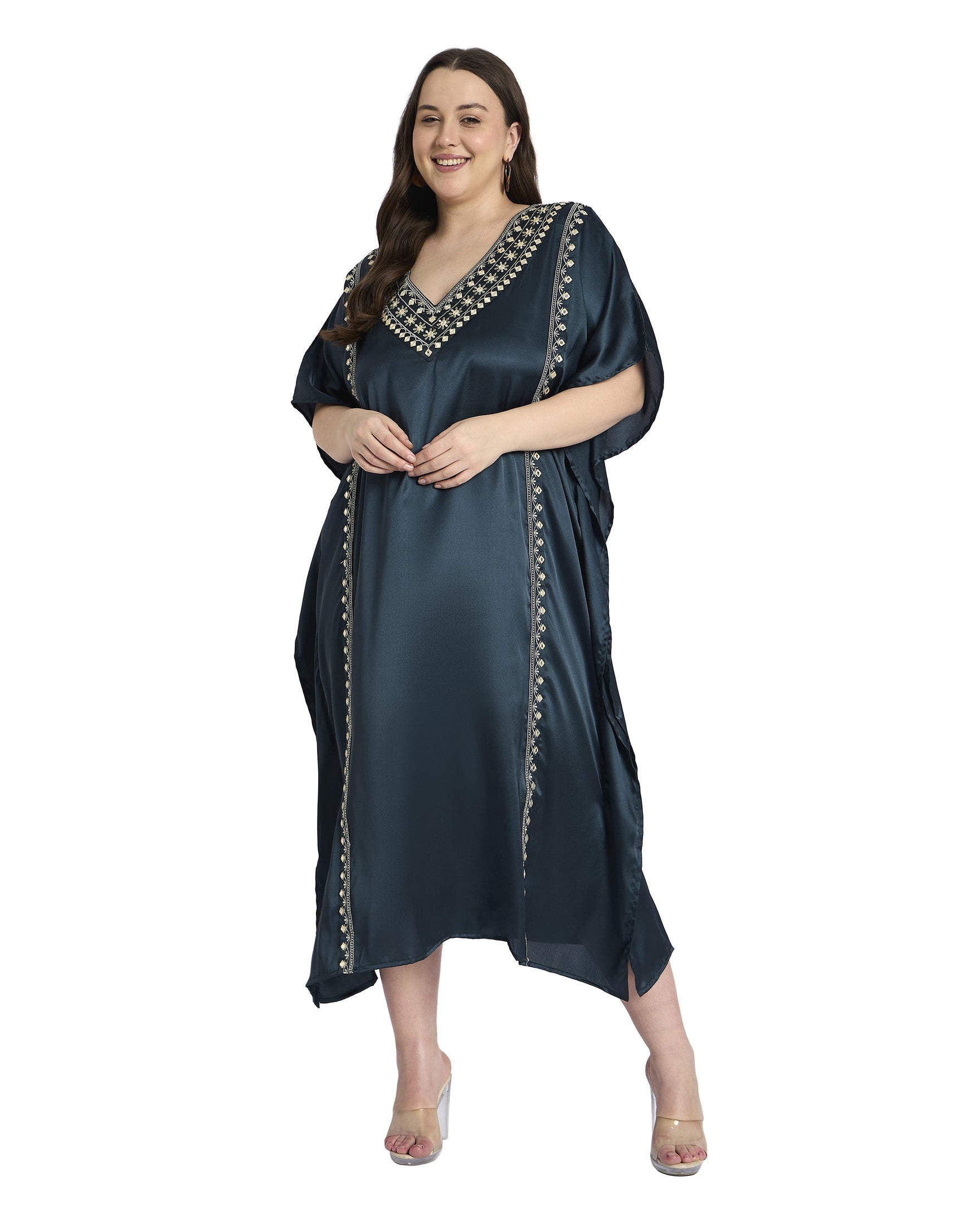 Women Satin Plus Size Kaftan with Embroidered Design
