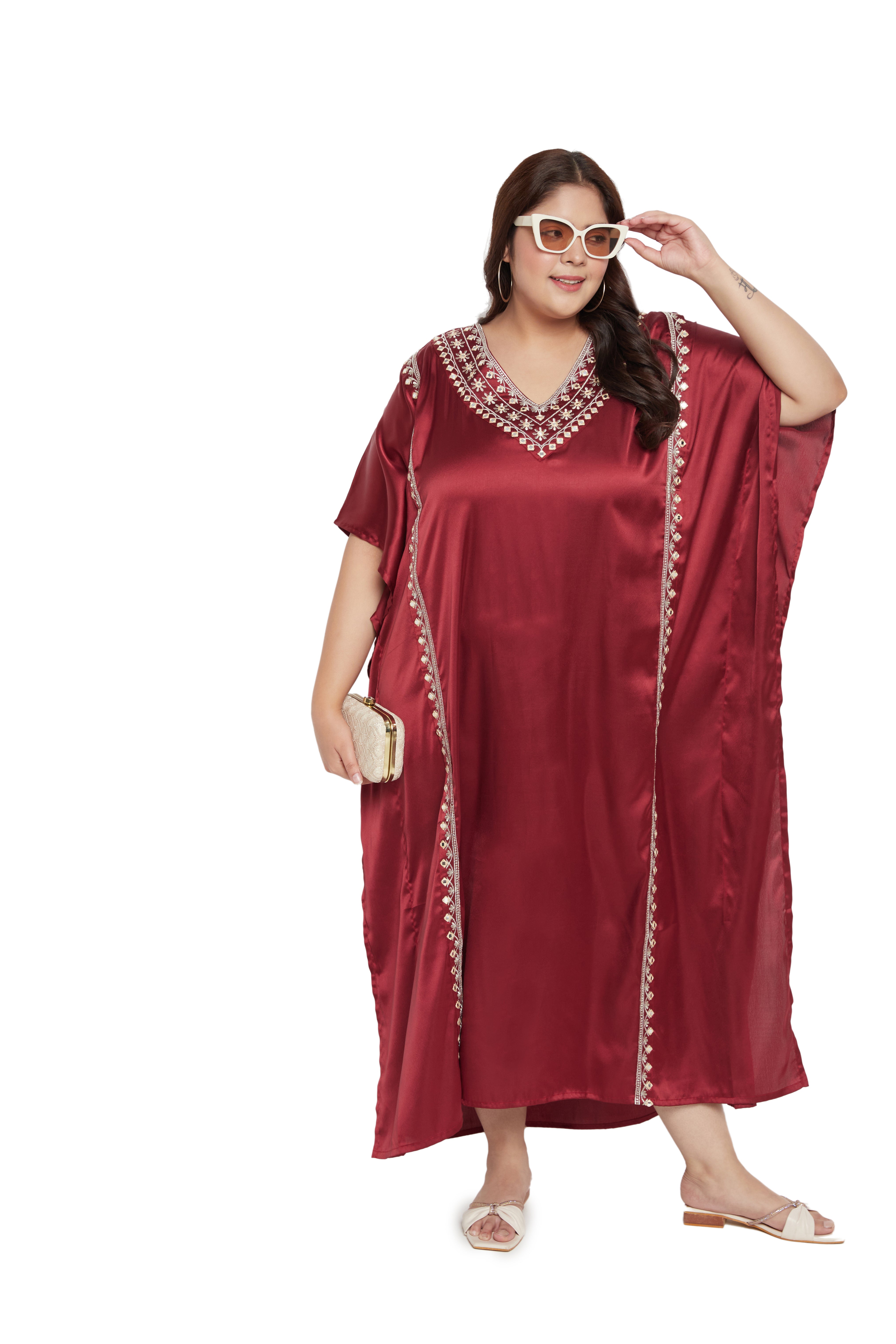 Jester Red Satin For Plus Size Women Kaftan With Embroidery
