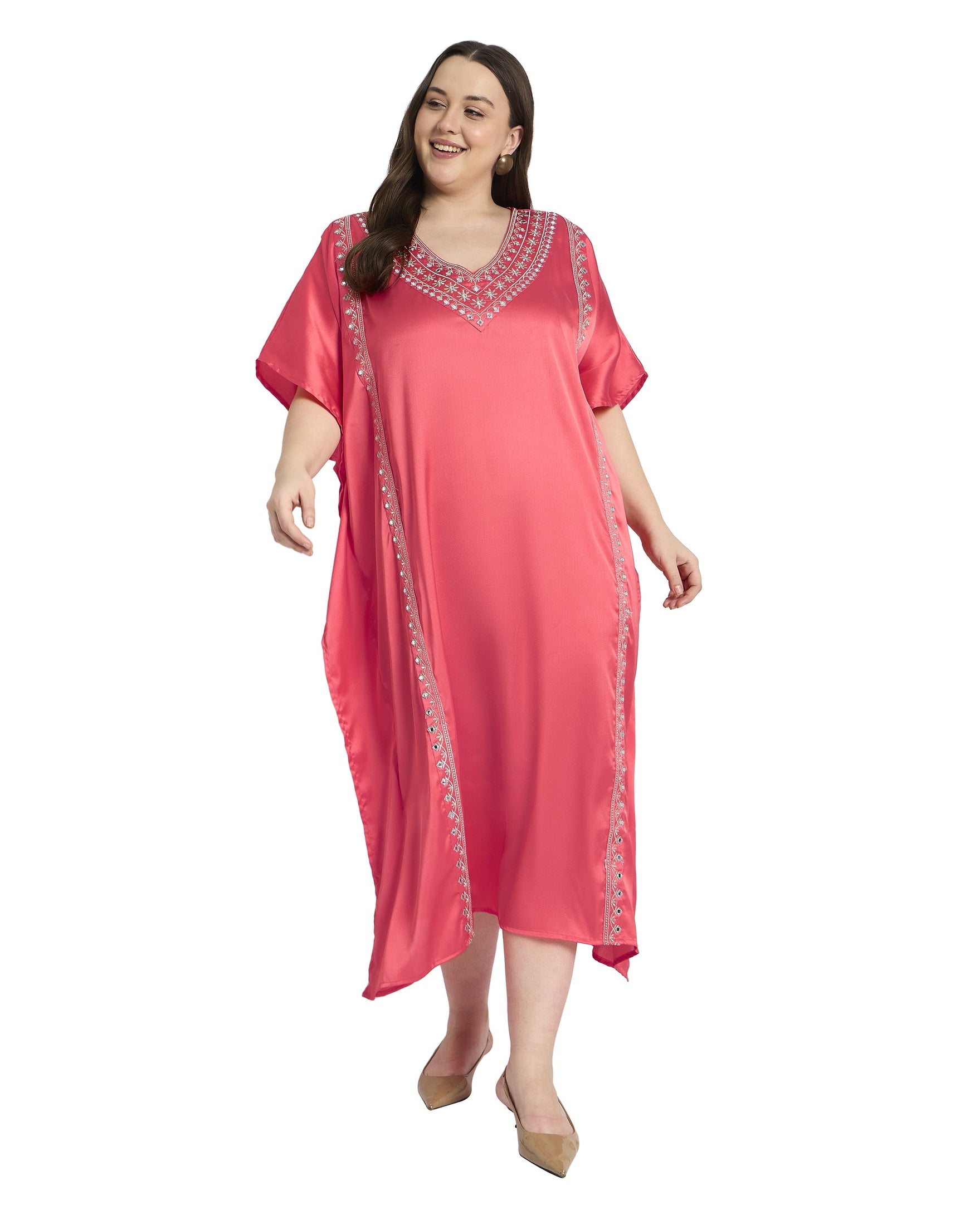 Women Plus Size Satin Kaftan with Embroidery