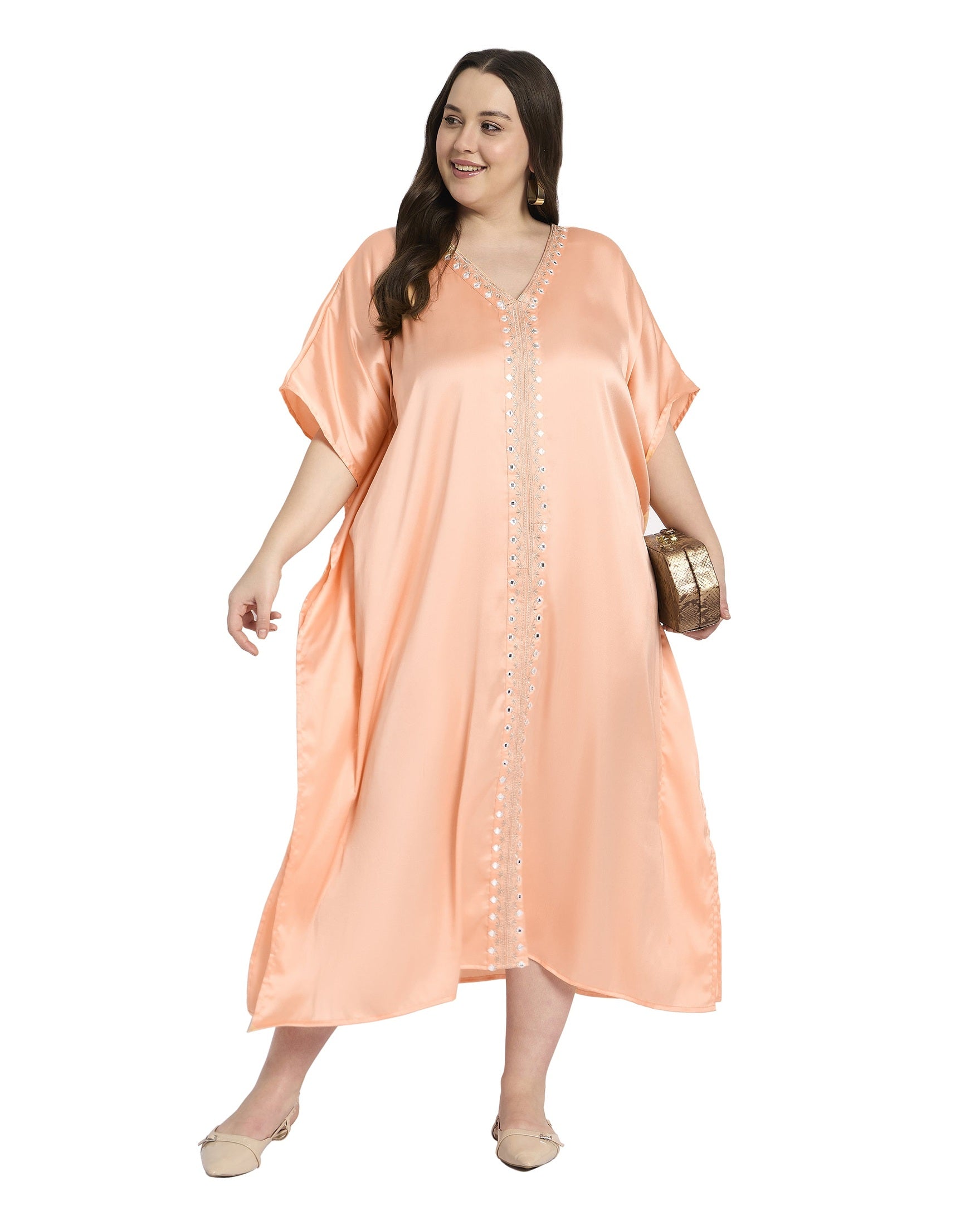 Women Satin Plus Size Kaftan with Elegant Embroidery