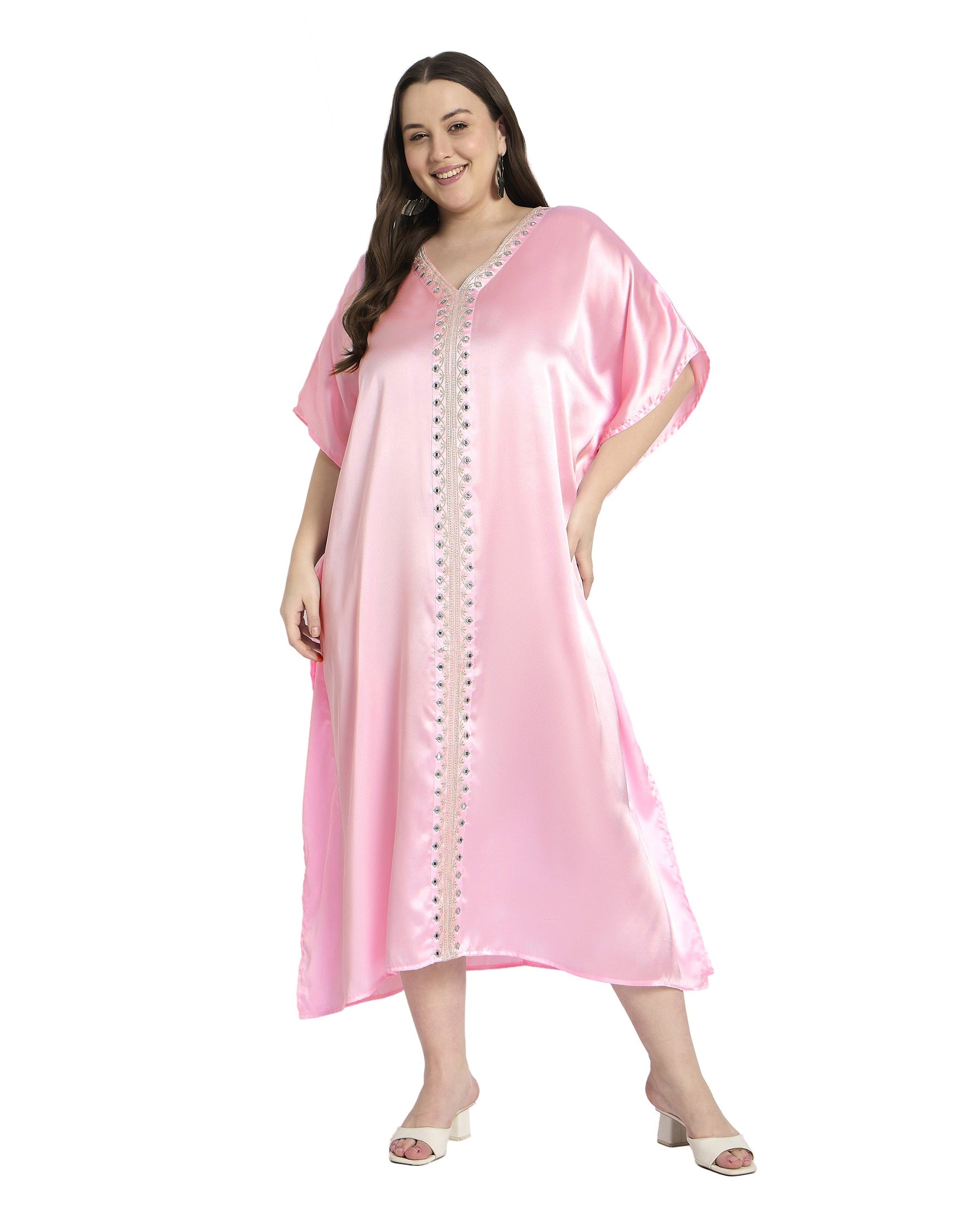 Light Pink Women Embroidered Satin Plus Size Caftan
