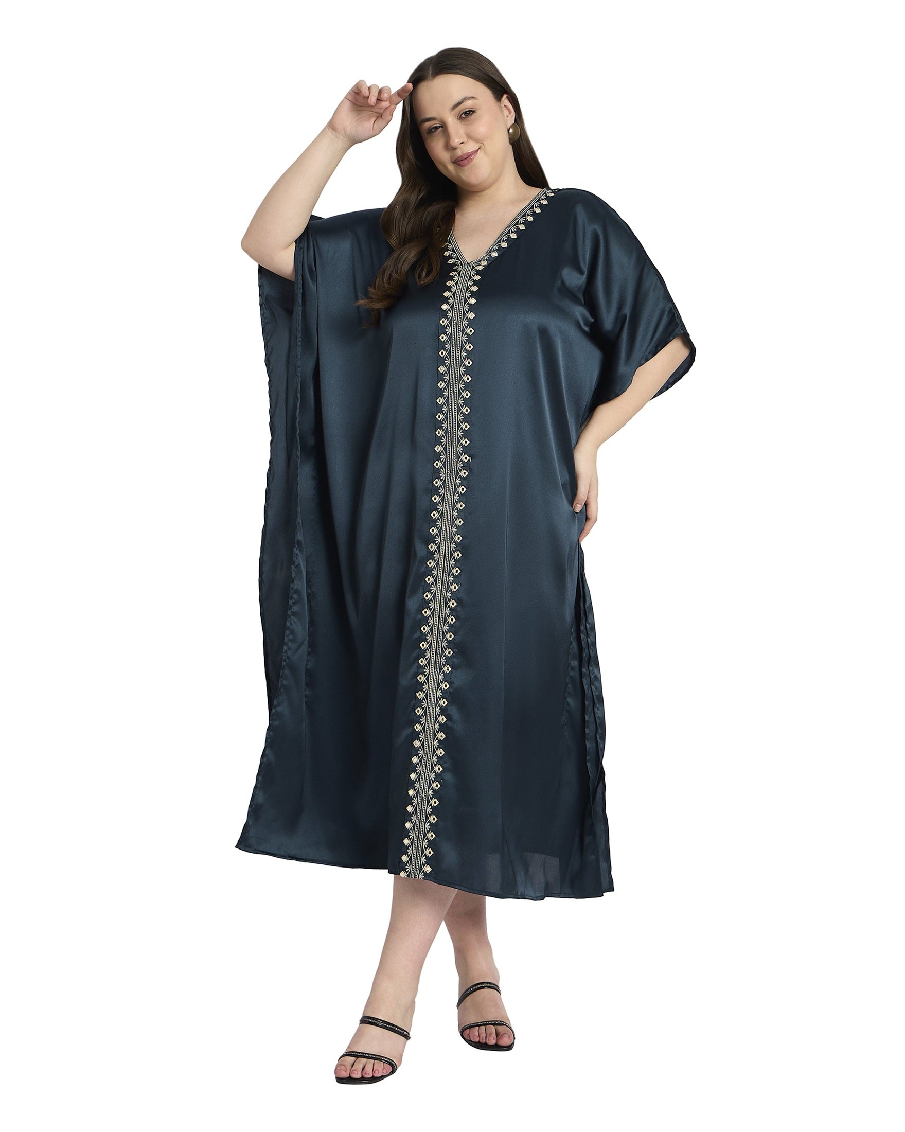 Women Elegant Satin Plus Size Caftan with Embroidery