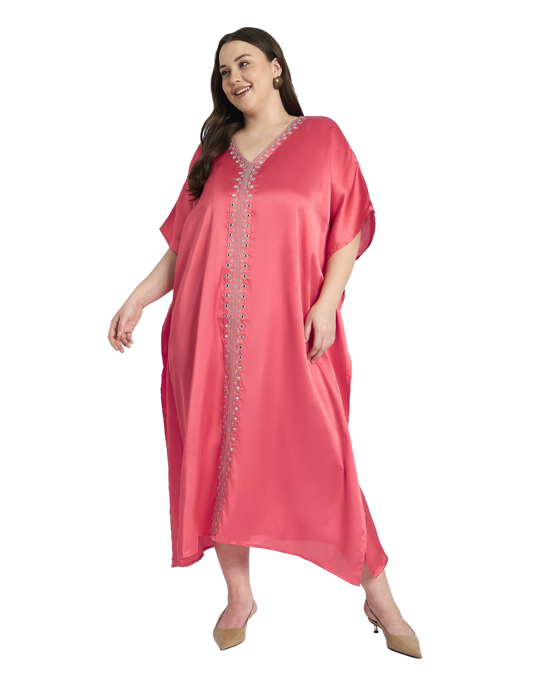 Women Satin Plus Size Traditional Kaftan with Embroidery